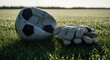 © Anna - A worn soccer ball and goalkeeper gloves resting on wet grass with morning dew. Close-up of football equipment on a field after a game. Sports and athletics concept