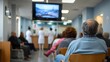 © ryker - Elderly patient seated in crowded medical waiting room watching television while nurses attend reception desk, calm atmosphere and soft hospital lighting