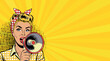 © дима селиванов - A young woman in pop art style with a loudspeaker. On a yellow background. Vector comic in pop art style.