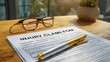 © Jojo* - Document detailing personal injury claim resting on wooden surface next to reading glasses and writing instrument