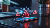Mobile phone with multiple warning alerts and spam emails indicating cyber security threat phishing scam technology concept on desk