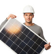 © Camila - Solar panel installer holding photovoltaic panel for renewable energy solutions and home installation on transparent background
