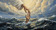 © Cliff - Oil painting with very large brush strokes of the hand of Jesus saving the hand of a drowning man. Miracle of saving the life of Jesus Christ, the Son of God, salvation from drowning. Christmas