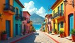 © Viktor - Vibrant coastal streetscape in Mediterranean village. Colorful buildings line cobblestone lane leading towards sea. Distant mountain peak rises above blue horizon, creating picturesque panorama.