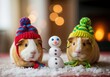 © Vasiliy - Two cute guinea pigs in knitted winter hats with a small snowman. Adorable pets celebrating a cozy Christmas holiday