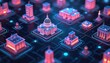 © Viktor - Futuristic smart city shows interconnected government buildings, public services on glowing digital circuit board network. Bright neon blue, pink lights illuminate modern tech infrastructure. Concept