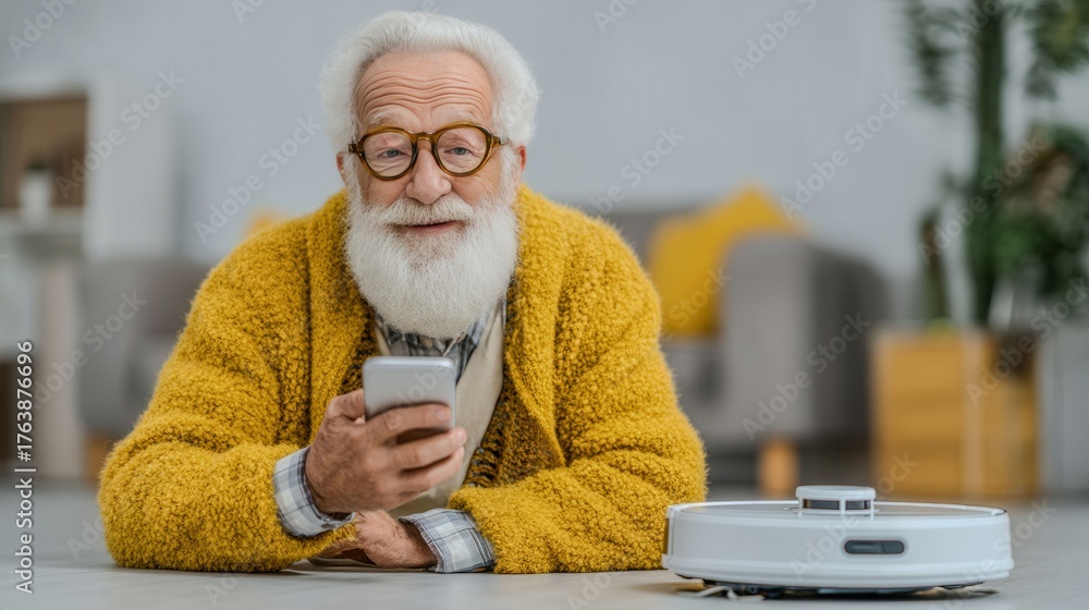 An older man is laying on the floor with a cell phone in his hand
