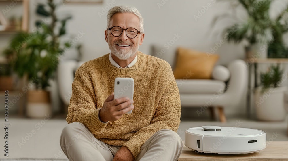 A man in a yellow sweater is smiling while holding a cell phone