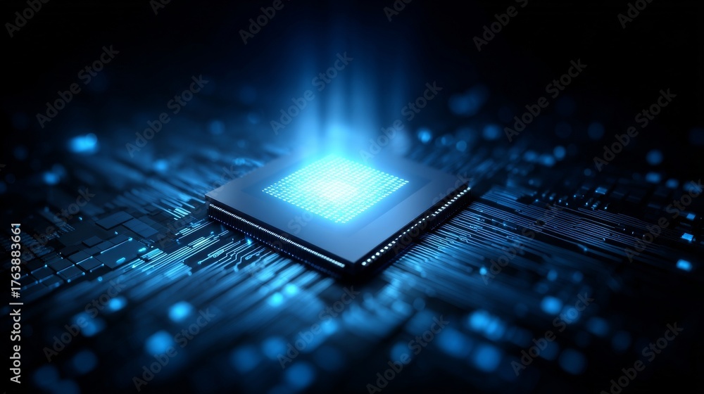 Central processor unit chip glowing with bright blue light installed on ...