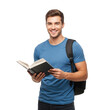 © sujon1638 - A smiling young man wearing a blue t shirt and backpack holds an open book isolated on transparent background