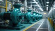 © Viktor - Industrial water pumps with powerful electric motors inside plant. Machinery transfers liquid through complex pipeline system. Modern pumping station for manufacturing, chemical processing, power