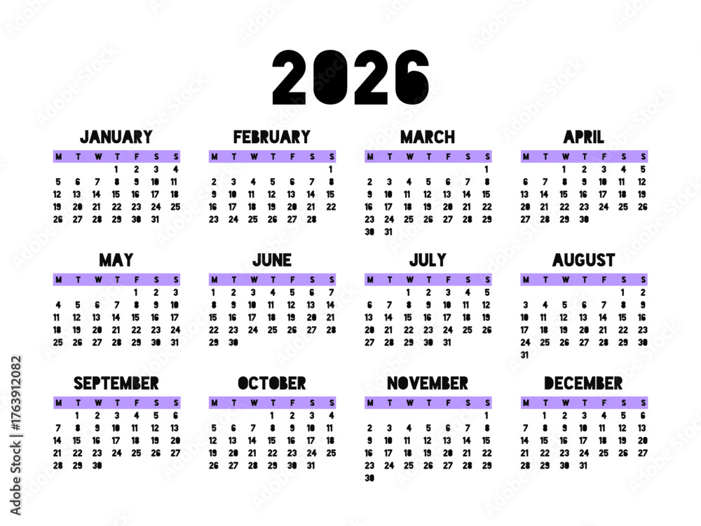 Minimalist 2026 calendar template. Modern and simple grid layout, easy ...