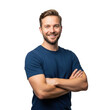 © 3D render png - Smiling caucasian man with beard and blue t shirt arms crossed confidently isolated on transparent background