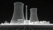 © Viktor - Wireframe illustration of an atomic power plant. The industrial structure is detailed and stands out against the dark background. It represents tech energy and modern development.
