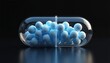 © Maryna - 3D rendering transparent pill with drug molecules inside on black background. Medicine healthcare concept. Pharmaceuticals, pharmacy, drugs, vitamins, supplements. Research, science, medical