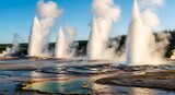 Yellowstone geothermal basin with multiple geysers erupting, dramatic steam clouds rising from hot springs in national park landscape view