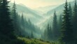 © Maryna - Misty forest landscape with sunlight filtering through trees. Scene evokes serene tranquility. Rich green trees and mountains in the fog creates natural wallpaper background. Travel, eco themes.
