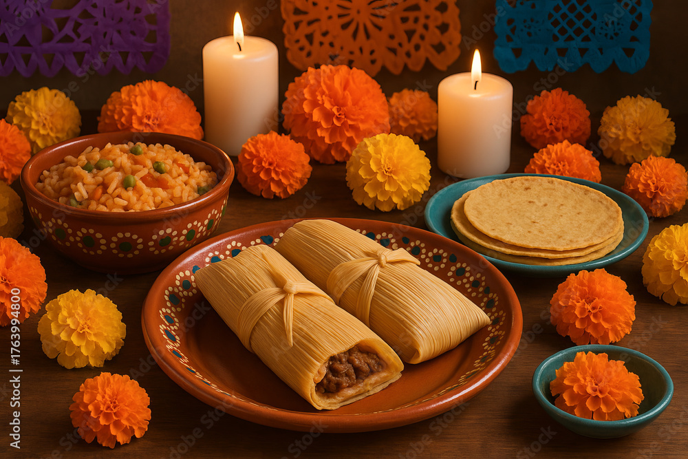 Traditional altar with candles, marigolds, and mexican food for dia de ...