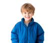 © practice  - Smiling child in blue jacket isolated on black for design or educational use on transparent background