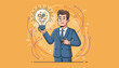© Angel - Innovative businessman in a blue suit holding a glowing lightbulb filled with gears and a brain, symbolizing a brilliant idea, creativity, and business strategy, set against a vibrant orange