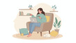© Tintin - Cozy scene of a relaxed young woman comfortably sitting in an armchair, holding a credit card and laptop, engaging in online shopping from her home, with a sleeping cat nearby, plants, and books