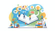 © Wanda - Vibrant illustration depicting innovative learning and inspiration derived from reading, featuring people interacting with technology, books, lightbulbs, and gears, symbolizing education, creativity