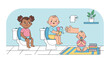 © Lauren - Modern flat illustration depicting a bathroom scene with three babies. One baby sits on a toilet with a toy elephant, another sits on a toilet looking grumpy, and a third baby sits on a rug with