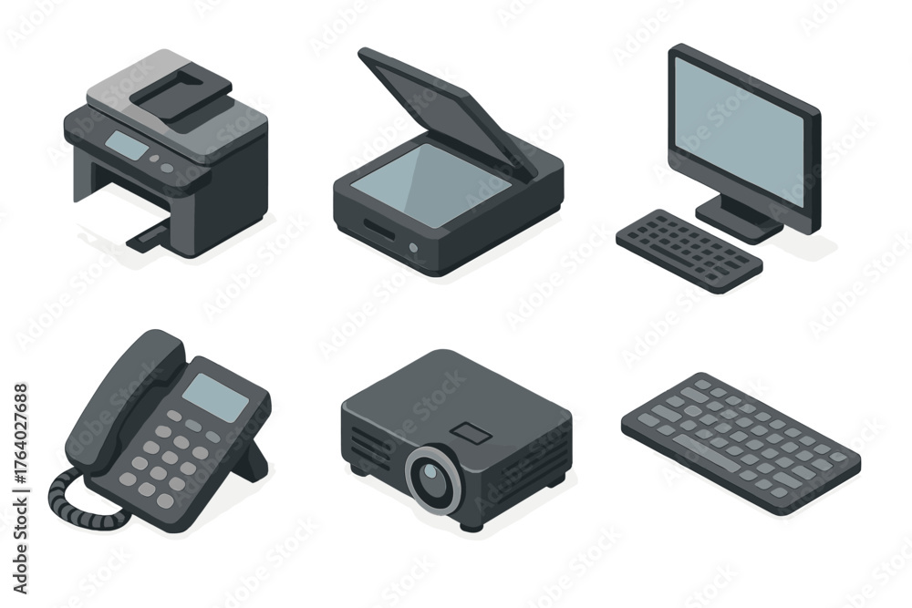 Office devices set icons in modern isometric flat vector style: printer ...