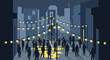 © Arina - Street party lights with people celebrating outdoors at night for Hogmanay festival poster and event design