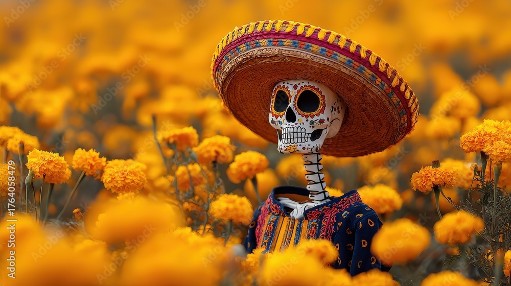 Calaca Azteca mexican skeleton with sugar skull makeup and sombrero hat in marigold ...