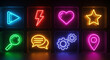 © zubair - Illuminated neon icons glow within glass squares, casting a vibrant light on symbols of play, power, love, and discovery in the digital realm