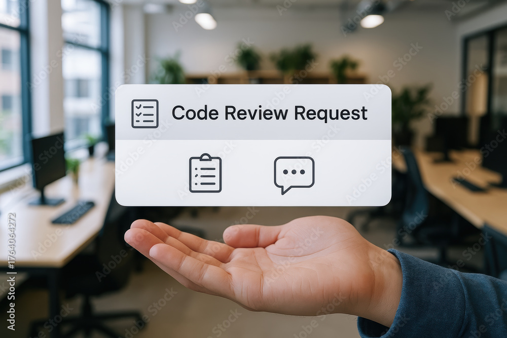Code review request concept with developer workspace and ai programmer ...