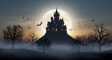 Spooky castle on a hill with bats flying in the moonlight night