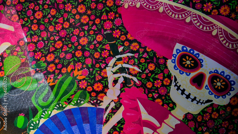 Day of the death pattern in fabric, colorfull día de muertos mexican ...