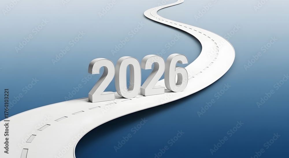 New Year 2026 concept. 3D text on a white curved road on a blue ...