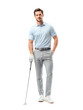© Trendy Graphics - Stylish golfer ready for the course, confident and modern in athletic apparel, golf club in hand, looking directly at the camera with a gentle smile