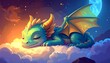 © Bagas - A cute cartoon dragon, in shades of blue & green, peacefully rests on a bed of fluffy clouds with closed eyes under a starry sky