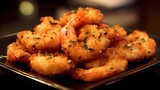 Pile of golden brown breaded and seasoned crustaceans rests on a dark square plate
