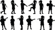 © Moksedul Creative - Silhouette of children playing musical instruments, kids performing music with trumpet, flute, and guitar, creative education and art concept