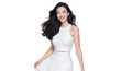 © The Stock Guy - Beautiful Asian woman with long, flowing dark hair and a bright smile, elegance in a white outfit, isolated on transparent background
