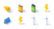 © Asep - Isometric energy icons set: electrical plug, batteries, lightning, solar panel, and wind turbines, representing power and sustainability.