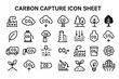 © Shahid - Carbon Capture Icon Sheet: An array of minimalist icons presents the vital process of capturing carbon, encompassing diverse elements such as factories, CO2 clouds.