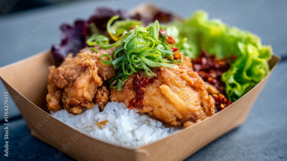 Loaded Chicken Rice Box Delicious rice box meal showcases crispy fried chicken atop fluffy ...