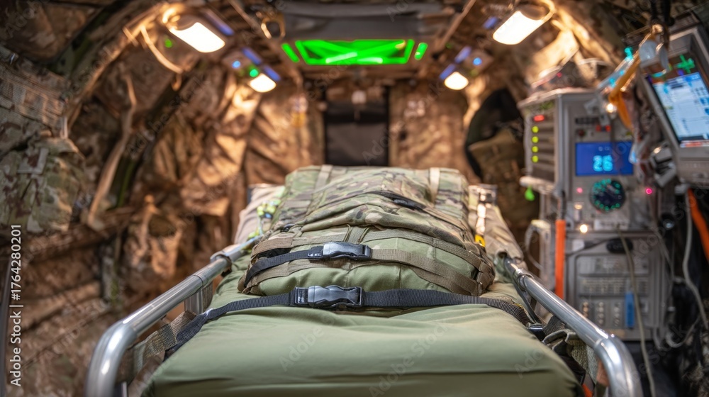 Foto de Stock Inside a military field hospital, a hospital bed is ...