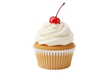 Isolated delicious vanilla cupcake with creamy frosting and a bright red cherry on top a sweet baked dessert treat for celebrations