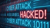 Cyber attack concept with binary code and the word hacked in red letters on screen