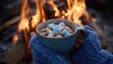 Cozy hands holding hot cocoa with marshmallows by a warm fire