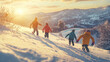 © AIRina - Four children playing in snow on hill during winter sunset