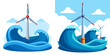 © Kulsum - Set Of Minimalist Flat Illustration of Ocean Wave Energy Turbine, Isolated on Transparent Background