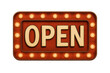 © PNG Kingdom  - Vintage open marquee light sign with glowing bulbs, indicating store availability or business welcome, transparent background